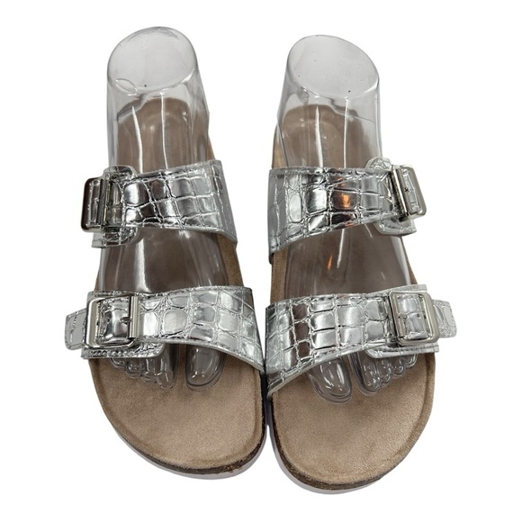 Steve Madden Metallic Silver Croc-Embossed Sandals Slip-On Size 9.5 Brand New - Picture 2 of 10
